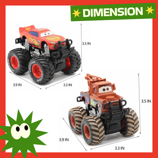 2-Pack Monster Truck Disney Pixar Cars 1:55 Diecast Car Set Big Wheel Buggy Toy Car (Lightning McQueen & Tow Mater)