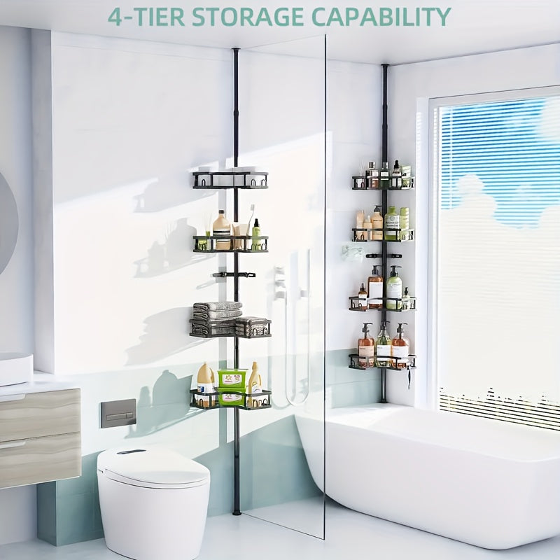 Corner Shower Caddy Tension Pole, 4 Tier Adjustable Shower Organizer Corner 62-115 Inch, Rustproof Bathroom Corner Shower Shelves For Bathtub Storage