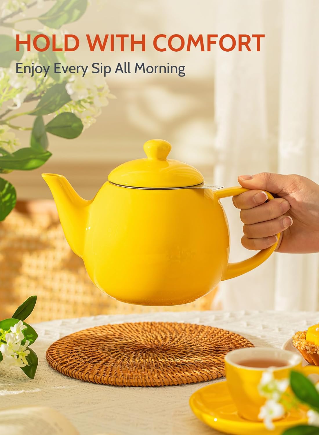 Sweese 27oz Ceramic Teapot with Stainless Steel Infuser | Yellow