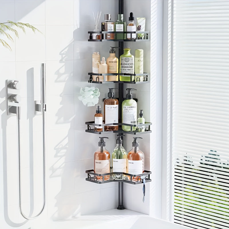 Corner Shower Caddy Tension Pole, 4 Tier Adjustable Shower Organizer Corner 62-115 Inch, Rustproof Bathroom Corner Shower Shelves For Bathtub Storage