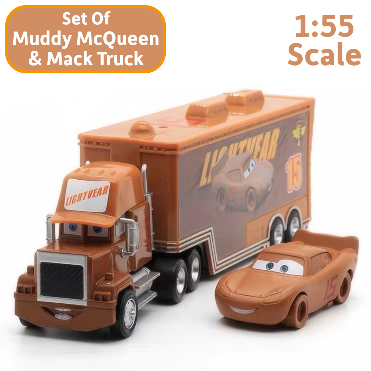 Disney Pixar Cars No.15 Muddy McQueen & Mack Hauler Truck Toys Cars Set 1:55 Scale