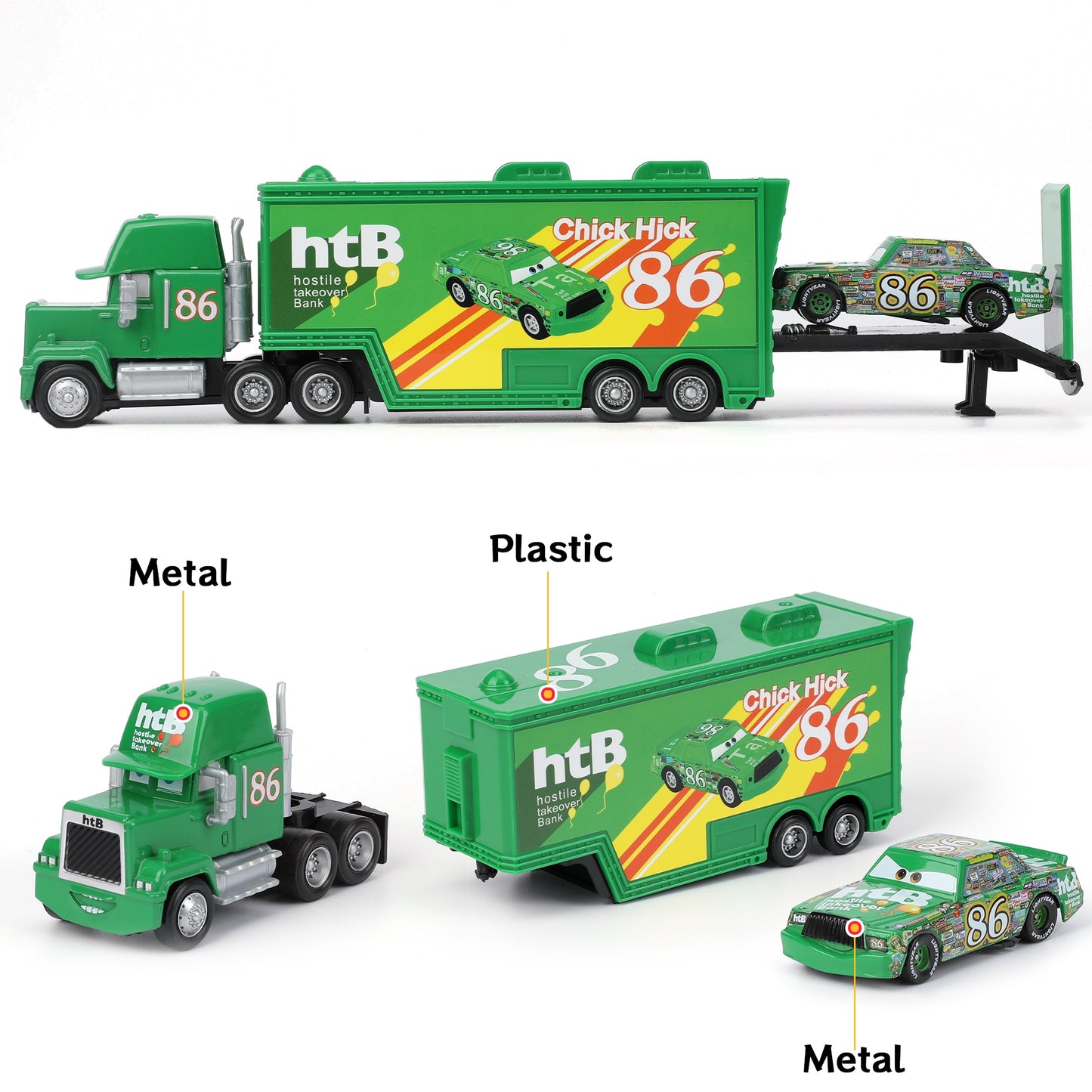 Set of 2 Disney Pixar Cars No.86 Chick Hicks Truck & Car Diecast Toys 1:55 Scale Cars Models