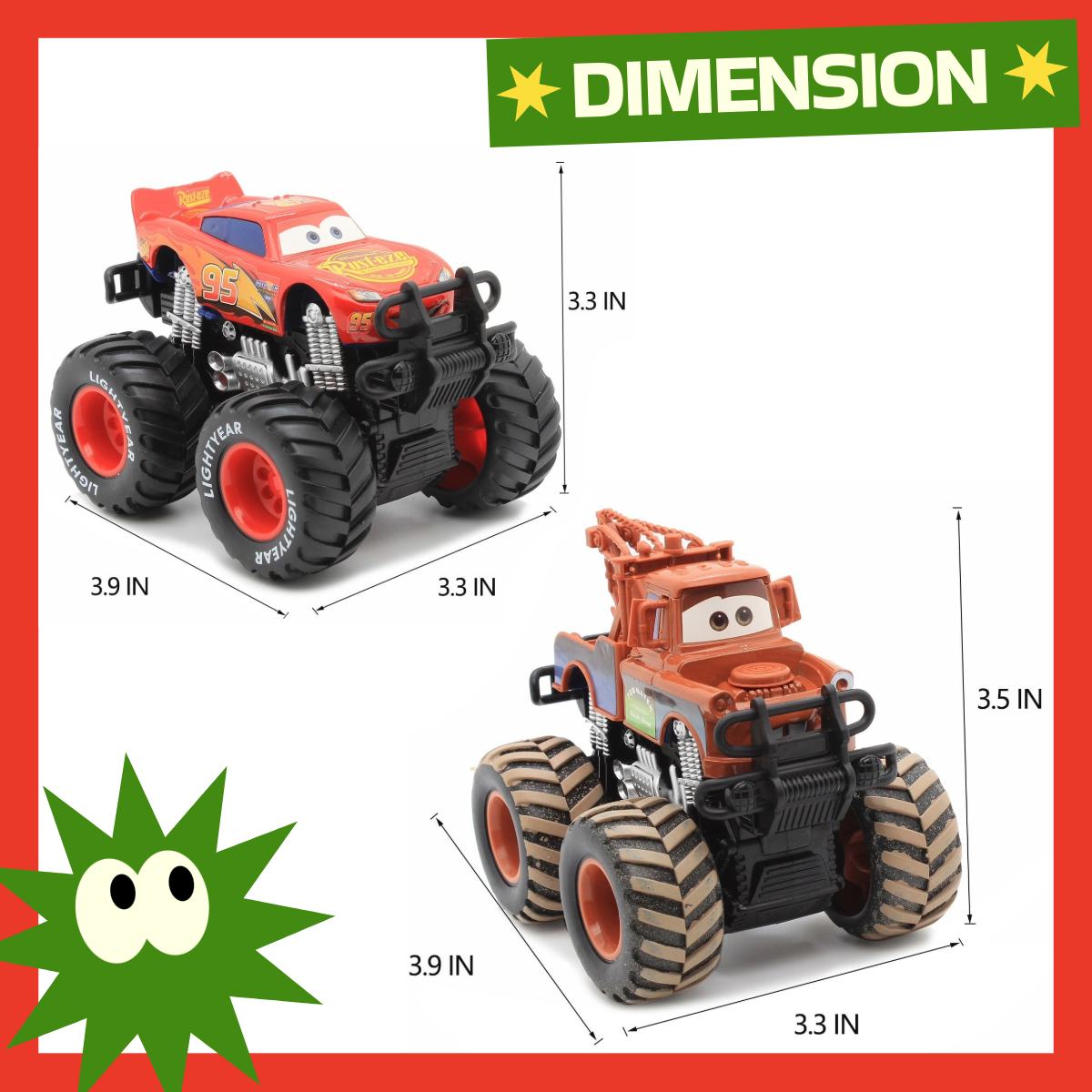 2-Pack Monster Truck Disney Pixar Cars 1:55 Diecast Car Set Big Wheel Buggy Toy Car (Lightning McQueen & Tow Mater)