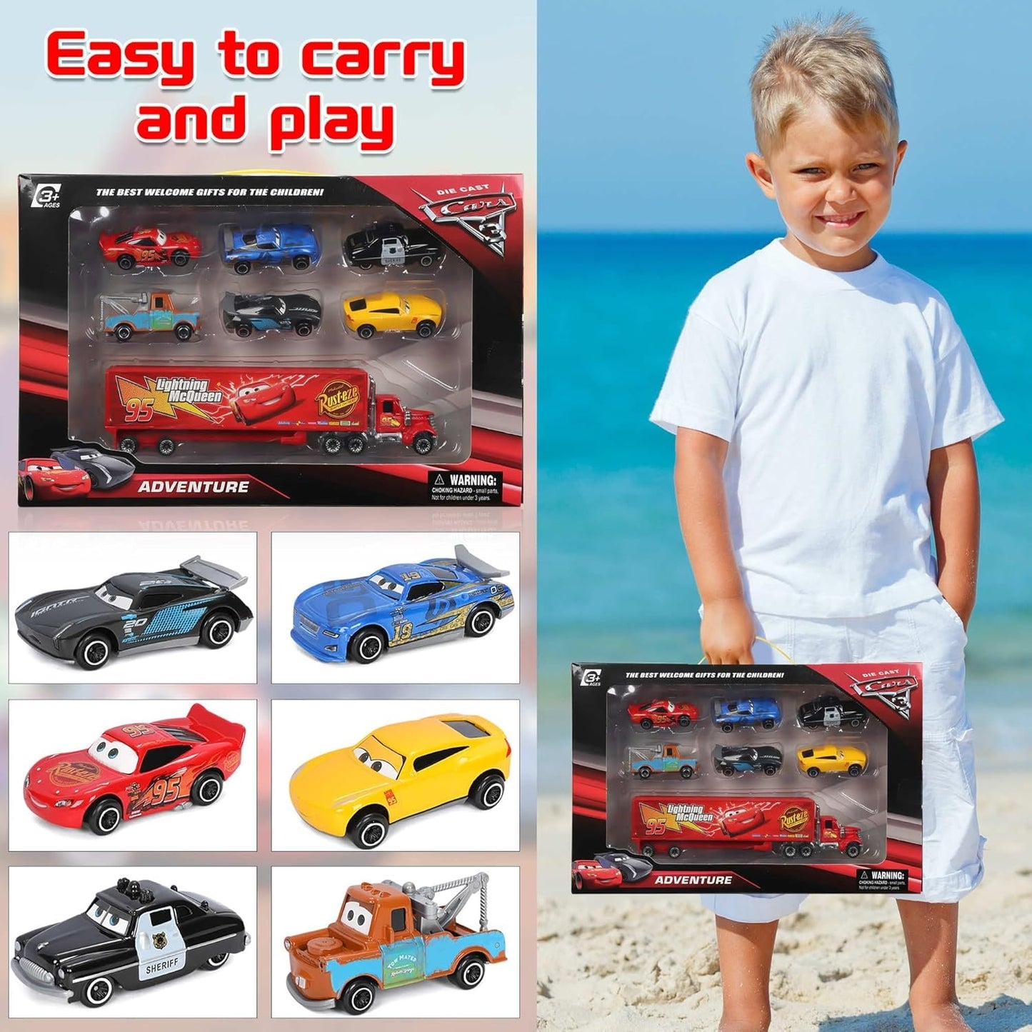 Red Transport Trailer Toy Truck with 6 Racing Cars