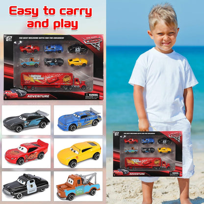 Red Transport Trailer Toy Truck with 6 Racing Cars