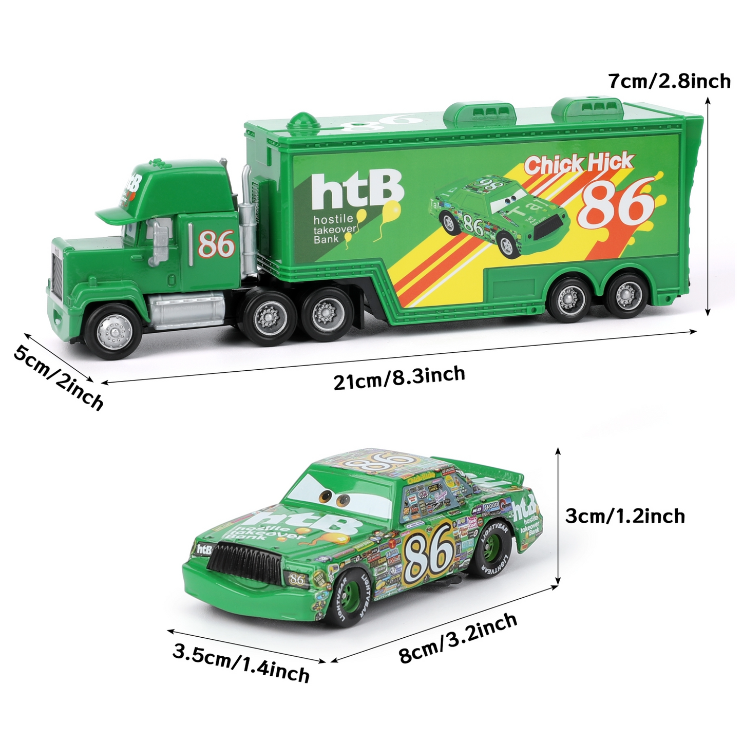 Set of 2 Disney Pixar Cars No.86 Chick Hicks Truck & Car Diecast Toys 1:55 Scale Cars Models