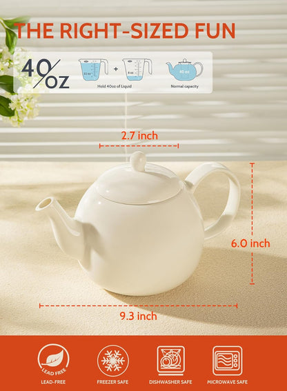 40oz Ceramic Teapot | Classic White Porcelain Teapot