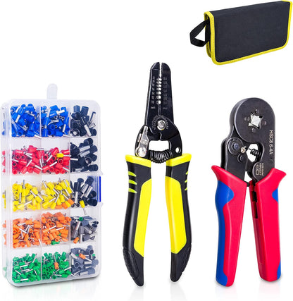 Ferrule Crimping Tool Kit | Self-Adjusting Ratchet Crimper & Wire Connectors