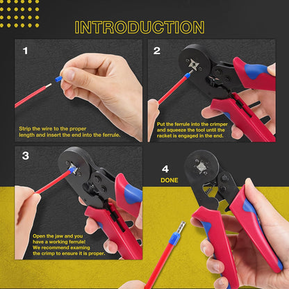 Ferrule Crimping Tool Kit | Self-Adjusting Ratchet Crimper & Wire Connectors