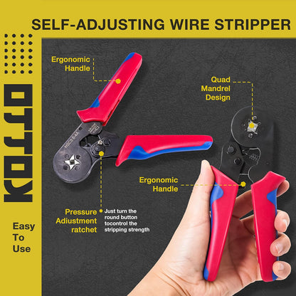 Ferrule Crimping Tool Kit | Self-Adjusting Ratchet Crimper & Wire Connectors