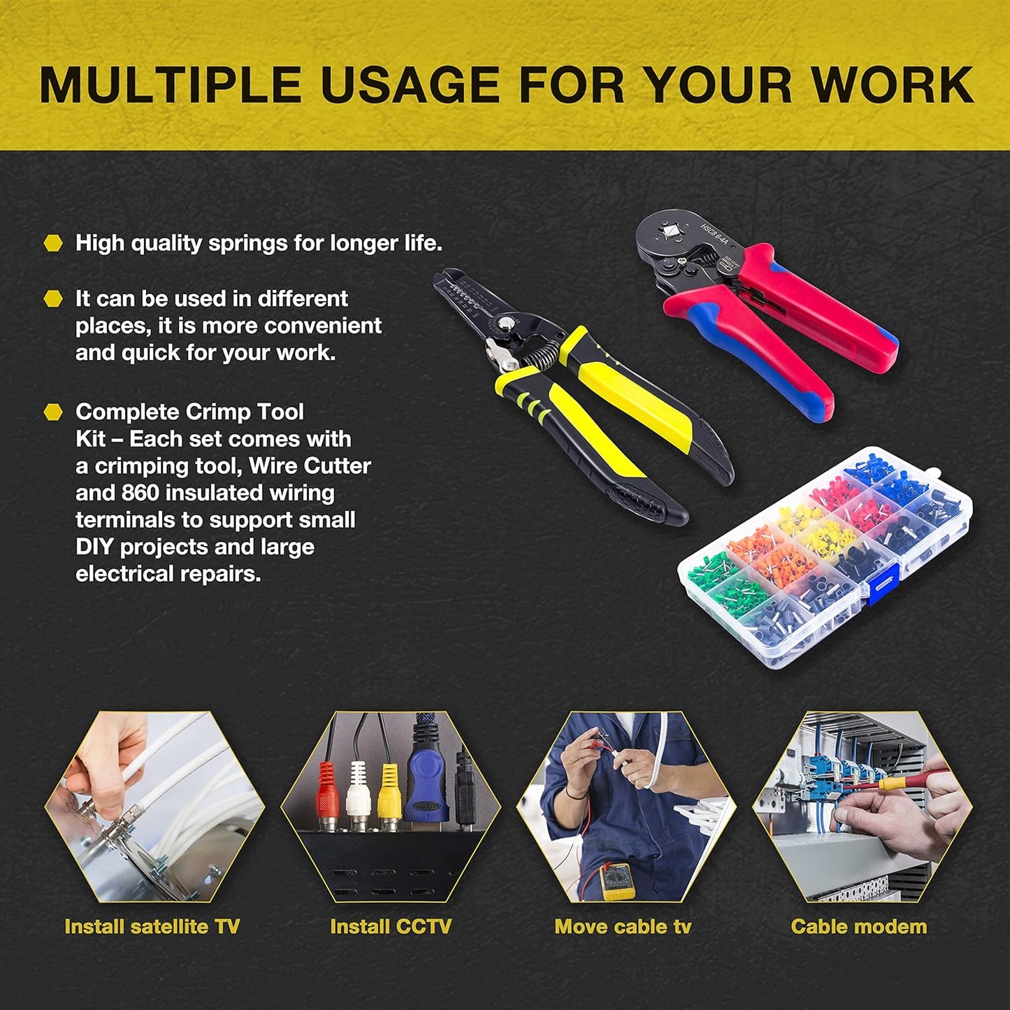 Ferrule Crimping Tool Kit | Self-Adjusting Ratchet Crimper & Wire Connectors