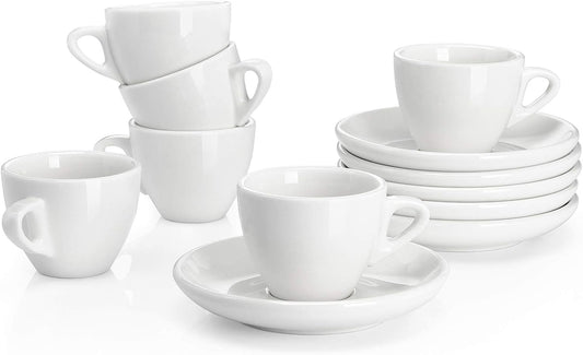 Sweese Espresso Cups with Saucers | 2oz & 6oz White Porcelain Set of 6