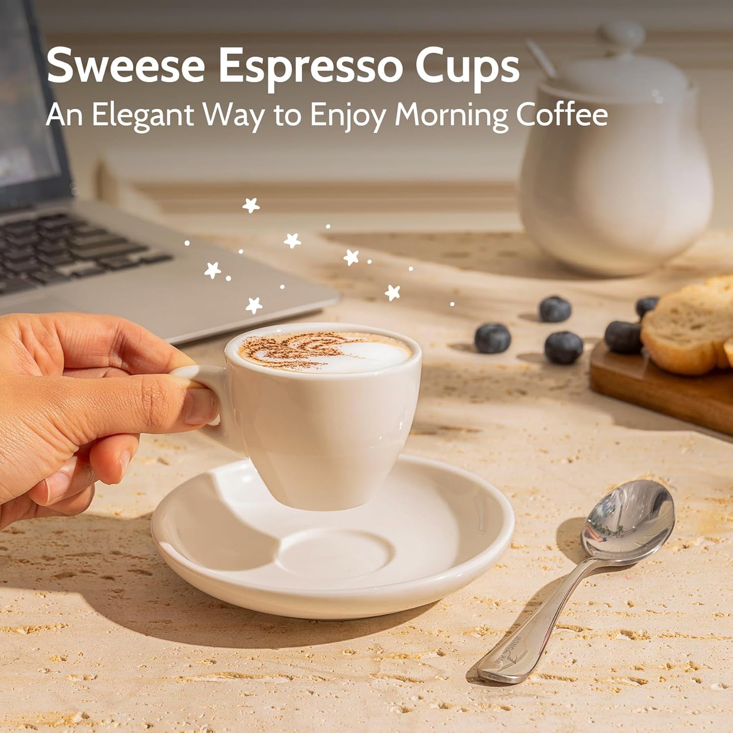 Sweese Espresso Cups with Saucers | 2oz & 6oz White Porcelain Set of 6