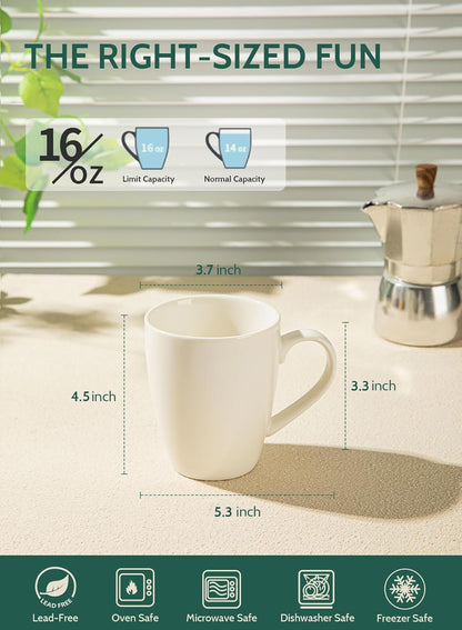 Sweese 12oz Porcelain Mug Set | Coffee & Tea Cups, Set of 6 (White)