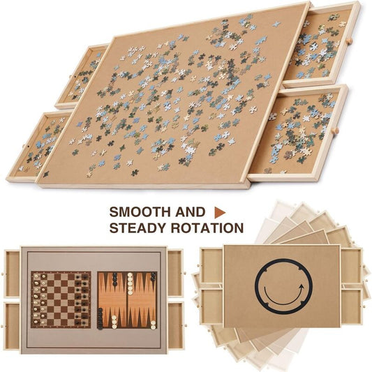 1500-Piece Wooden Puzzle Board | Rotating Lazy Susan Table with 4 Drawers