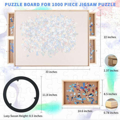 1500-Piece Wooden Puzzle Board | Rotating Lazy Susan Table with 4 Drawers