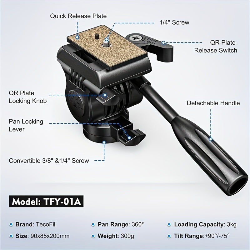 Tripod Fluid Head with Quick Release Plate | Detachable Handle for DSLR & Camcorders