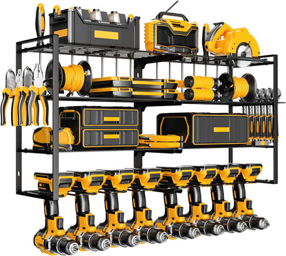 Wall-Mounted Power Tool Organizer | 8 Drill Holders & 4-Tier Storage Rack