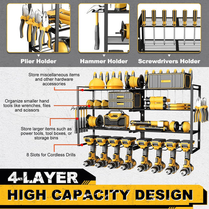 Wall-Mounted Power Tool Organizer | 8 Drill Holders & 4-Tier Storage Rack