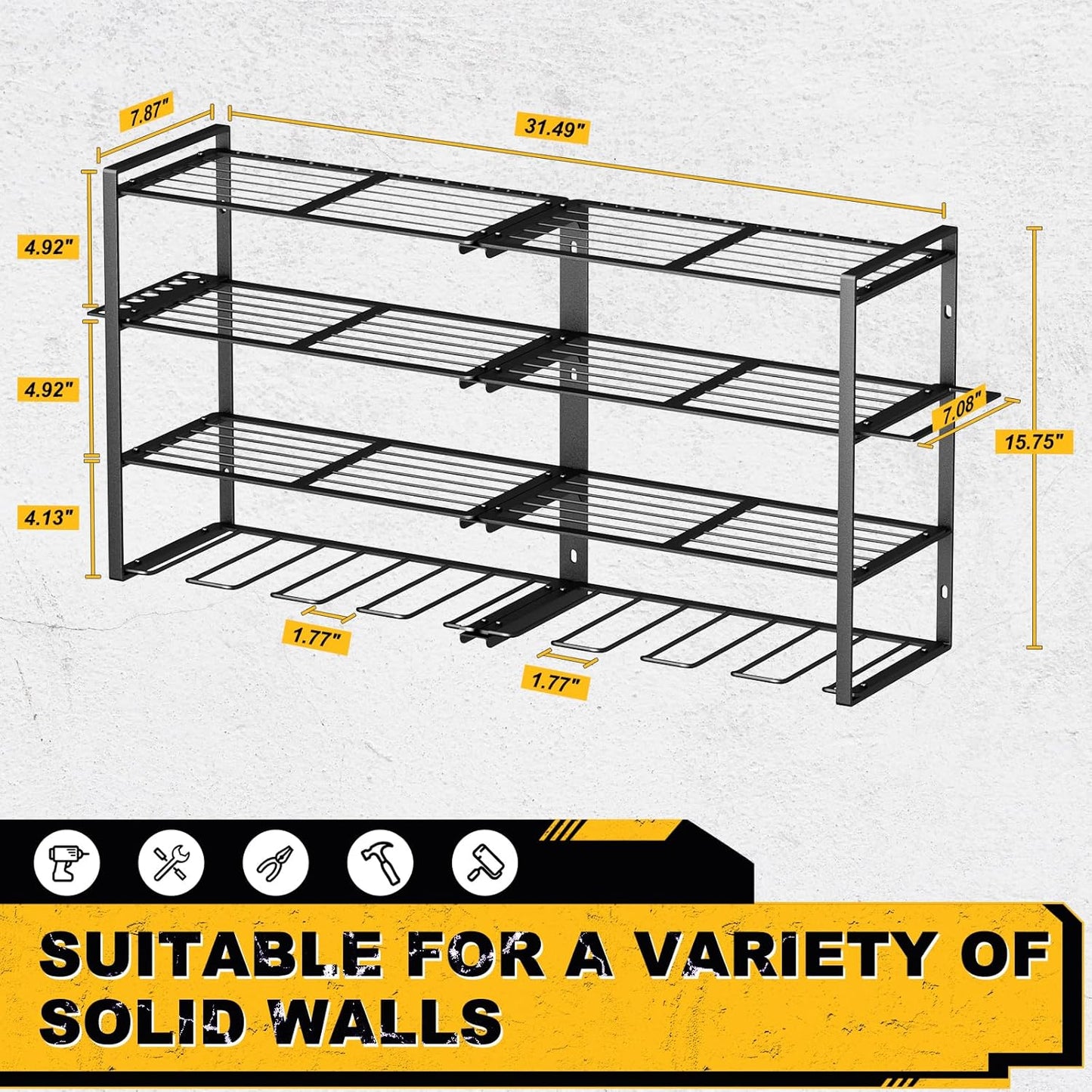 Wall-Mounted Power Tool Organizer | 8 Drill Holders & 4-Tier Storage Rack