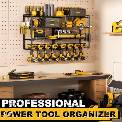 Wall-Mounted Power Tool Organizer | 8 Drill Holders & 4-Tier Storage Rack