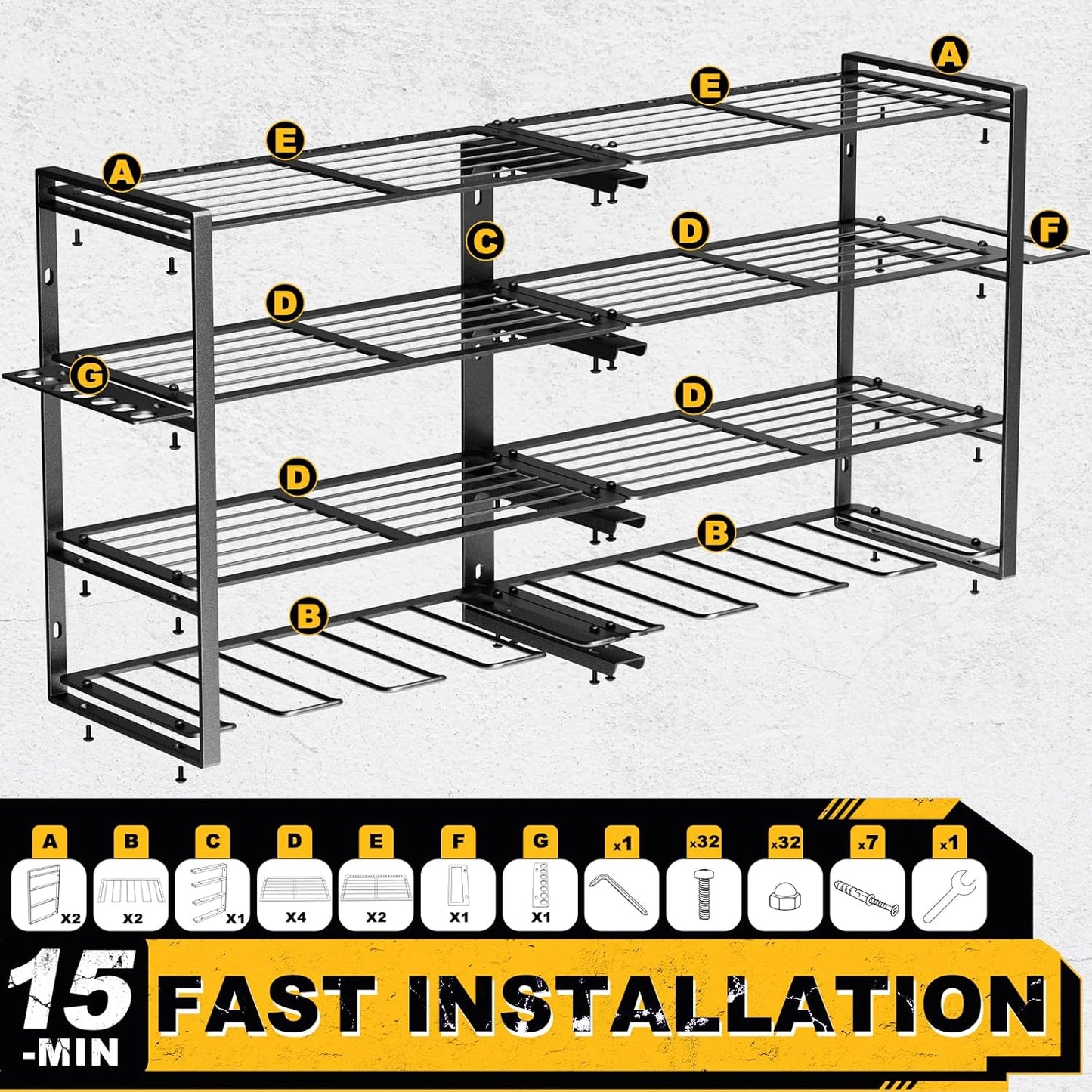 Wall-Mounted Power Tool Organizer | 8 Drill Holders & 4-Tier Storage Rack