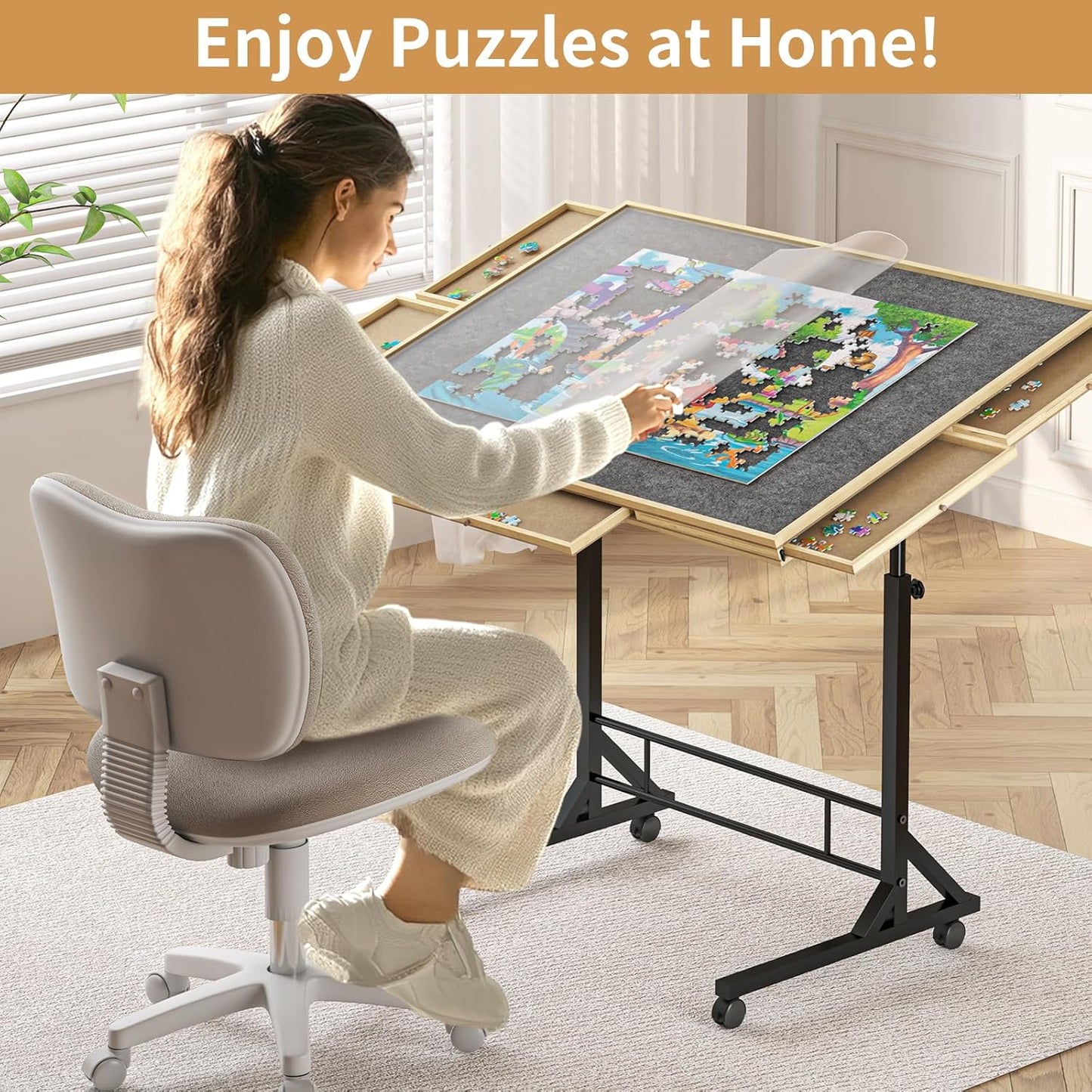 Adjustable Puzzle Table | 1500-Piece Wooden Puzzle Board with Legs & Drawers