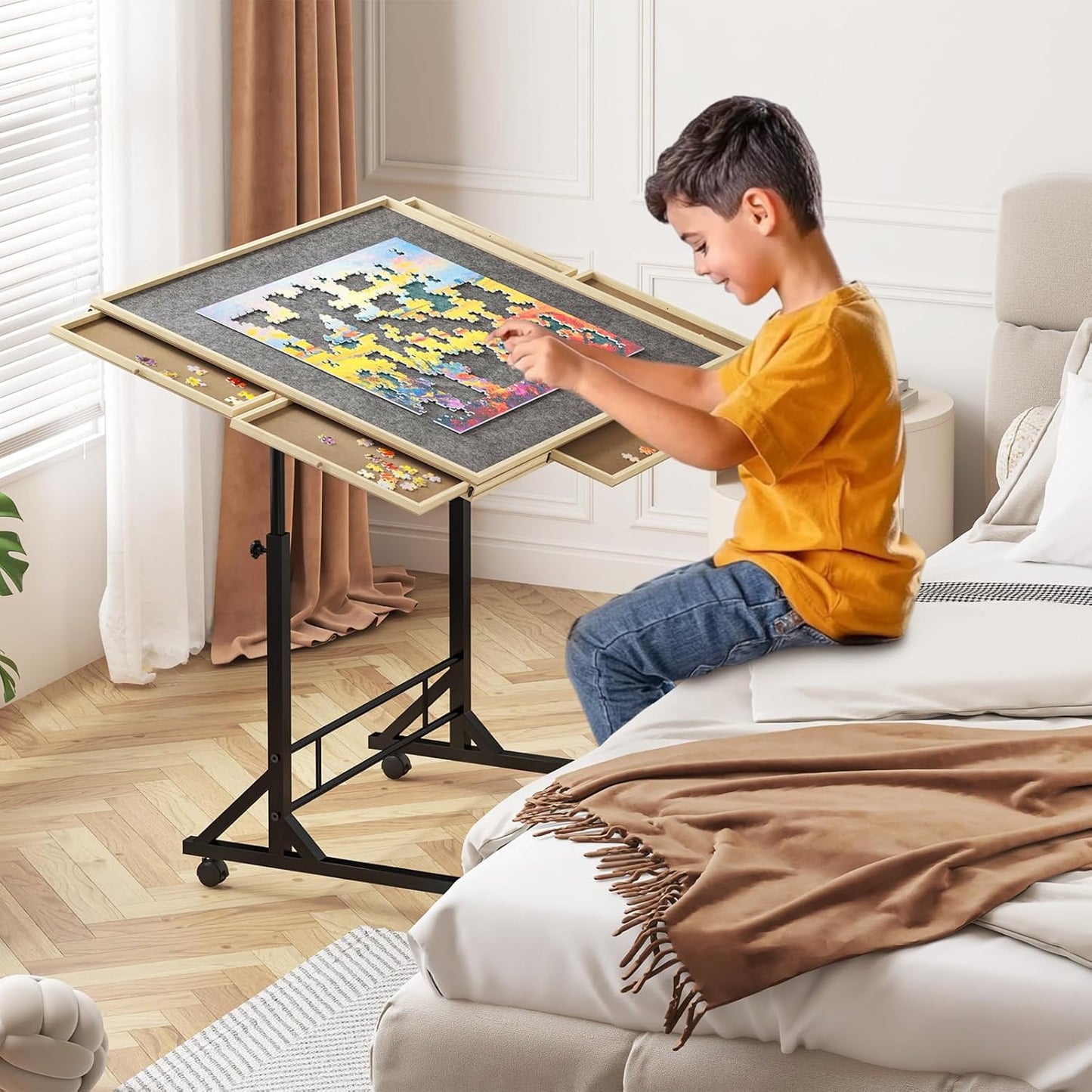 Adjustable Puzzle Table | 1500-Piece Wooden Puzzle Board with Legs & Drawers