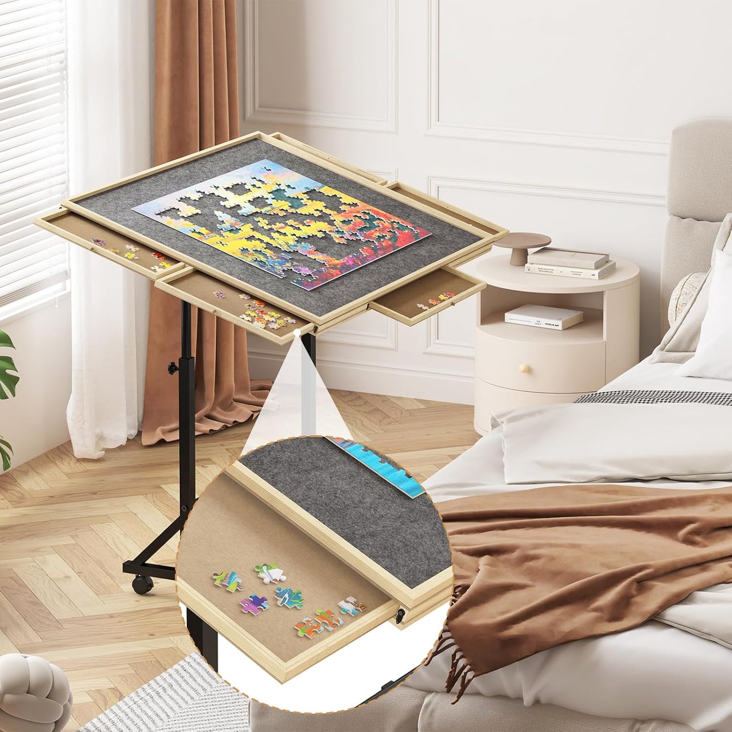 Adjustable Puzzle Table | 1500-Piece Wooden Puzzle Board with Legs & Drawers