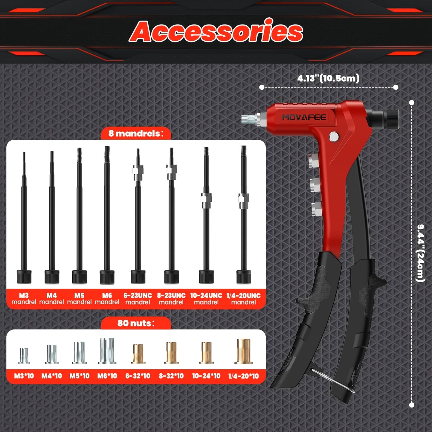 9.5-Inch Rivet Nut Tool Kit | 8 Mandrels & 80 Nut Rivets with Carrying Case