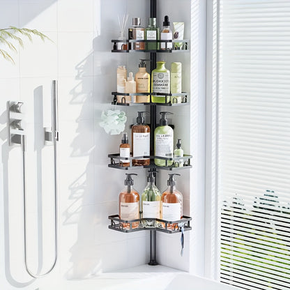 Corner Shower Caddy Tension Pole, 4 Tier Adjustable Shower Organizer Corner 62-115 Inch, Rustproof Bathroom Corner Shower Shelves For Bathtub Storage