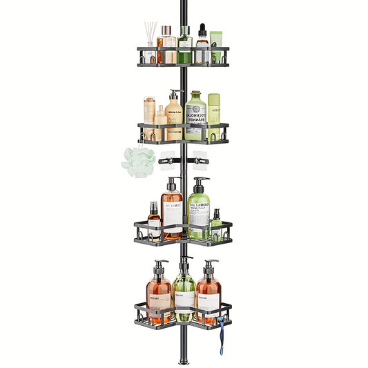 Corner Shower Caddy Tension Pole, 4 Tier Adjustable Shower Organizer Corner 62-115 Inch, Rustproof Bathroom Corner Shower Shelves For Bathtub Storage